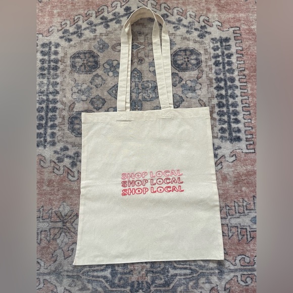 Hand Embroidered Pink ‘Shop Local’ Tan Canvas On The Go Tote Bag - Picture 1 of 5